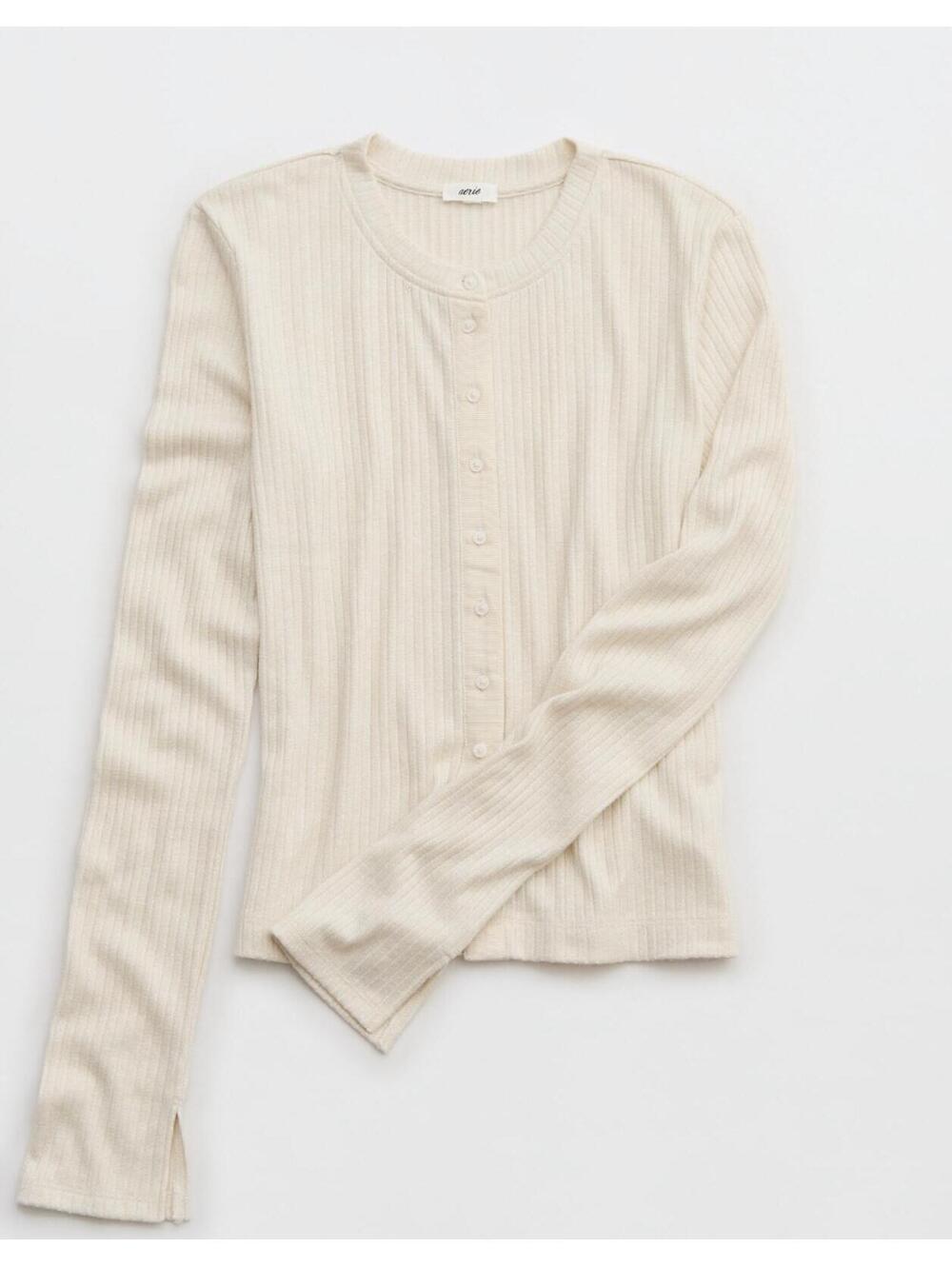 Aerie Cream Sparkle Ribbed Button Front Long Sleeve Cardigan Top Size Medium